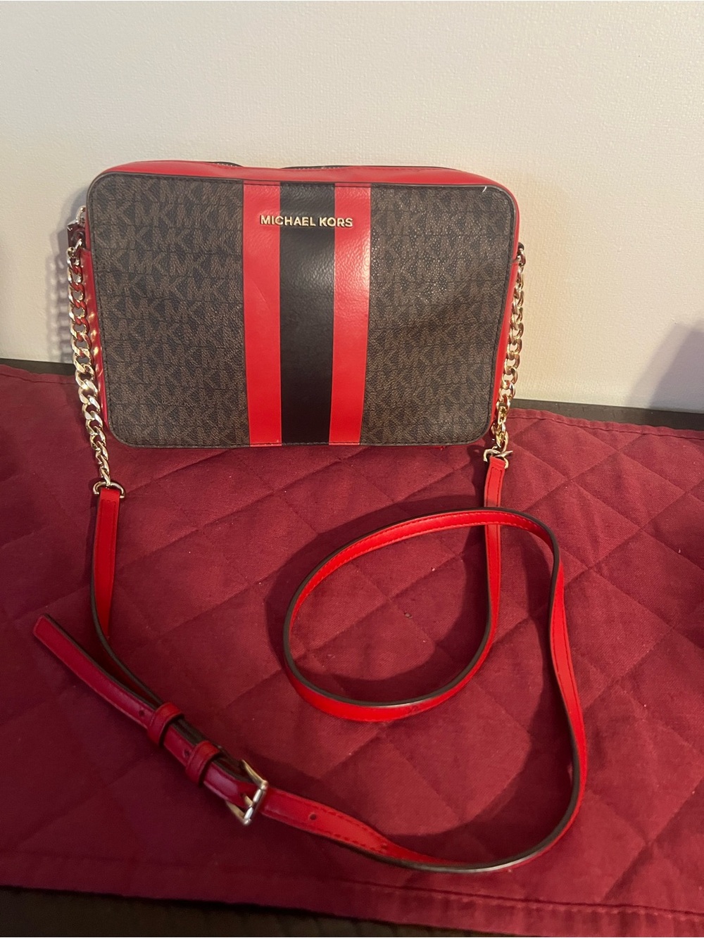 Michael Kors Brown Signature Crossbody with Red and Black Stripe